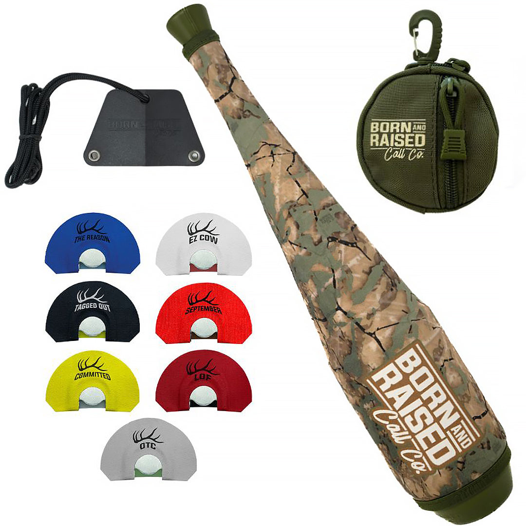 Cat_Road_Shuffle_complete_elk_call_kit_with_camo_bugle_tube__seven_diaphragm_elk_calls__mouth_call_holder__lanyard__and_zippered_storage_pouch.