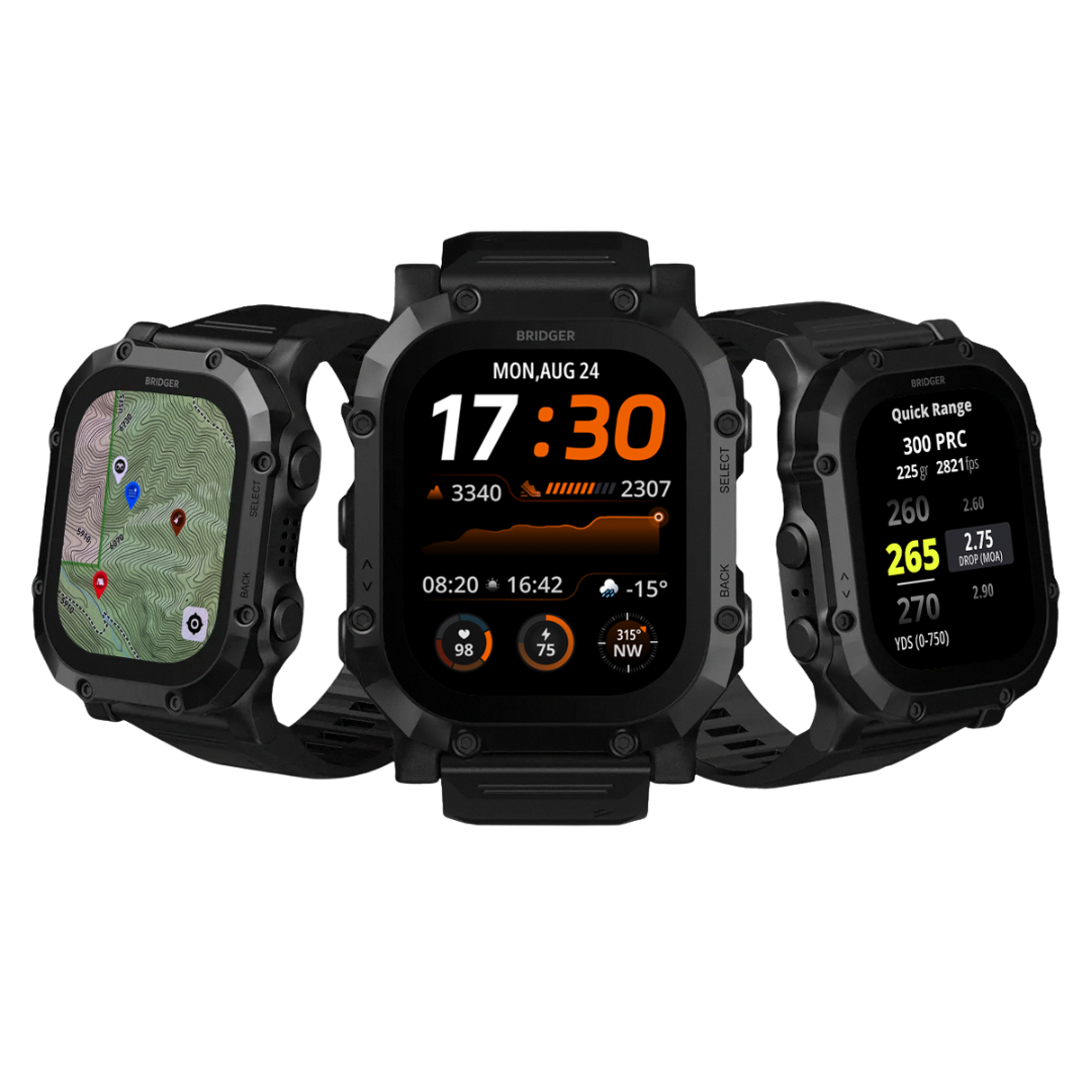 Three rugged black RECKON smartwatches by Bridger Watch shown side by side on a white background, each with a rectangular screen displaying different watch faces and fitness/interface examples.