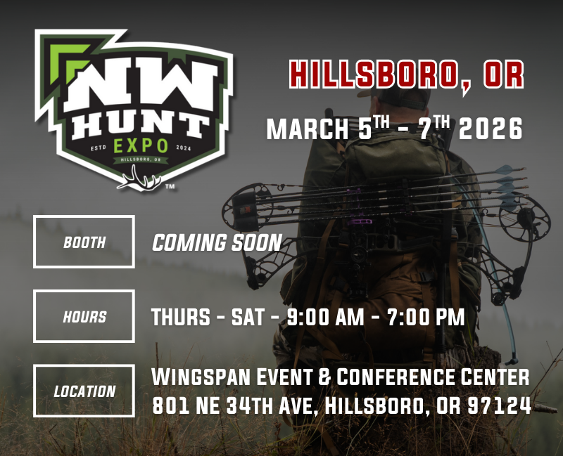 Advertisement for NW Hunt Expo 2026 in Hillsboro, OR with event details and a blurred background of a person with archery equipment.