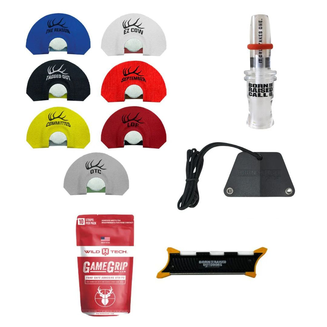 9 elk calls, a sharpener & adhesive strips - everything to call in a bull.